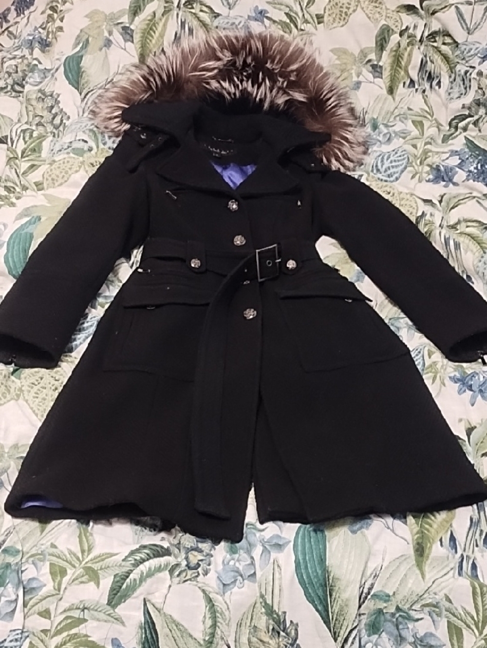 Laundry By Shelli Segal Black Trench Coat with Authentic Fur Hood
